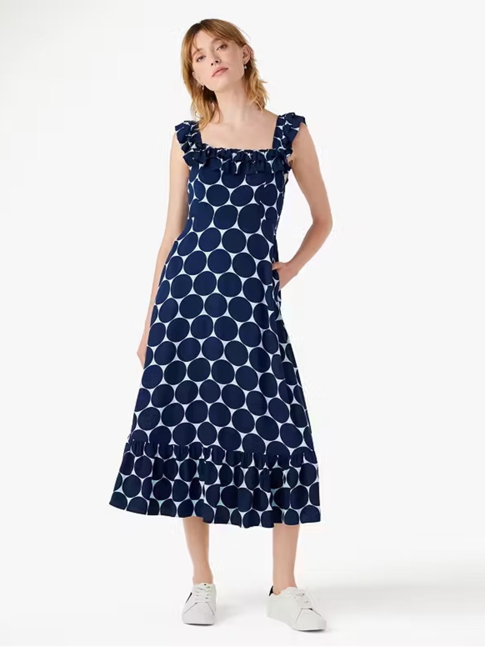 kate spade Navy and White Polka Dot Ruffle Midi Dress